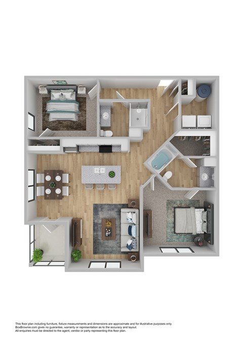 A floor plan of a small apartment with a bedroom, living room, kitchen, and bathroom.
